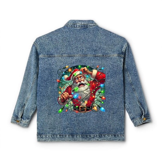 Funny Christmas Santa: Tangled in Lights Classic Women's Denim Jackets