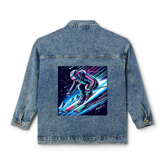 Neon Night Skiing Adventure Design Classic Women's Denim Jackets