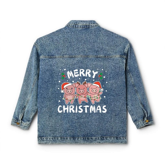 Merry Christmas Cute Pig Festive Lights Pig Classic Women's Denim Jackets