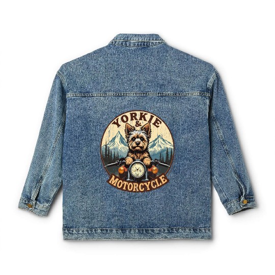 Retro Yorkie And Motorcycle Dog Lovers Funny Motor Classic Women's Denim Jackets