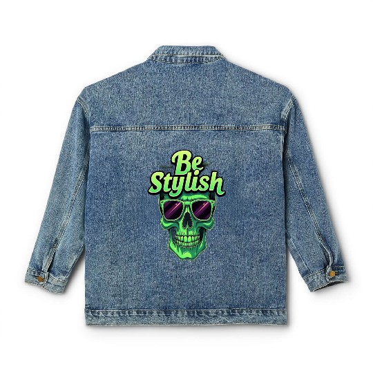 Be Stylish Vibrant Green Skull with Sunglasses Classic Women's Denim Jackets