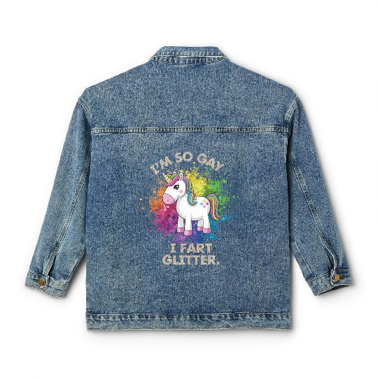 Funny Gay Pride Unicorn Fart Gift for Men Classic Women's Denim Jackets