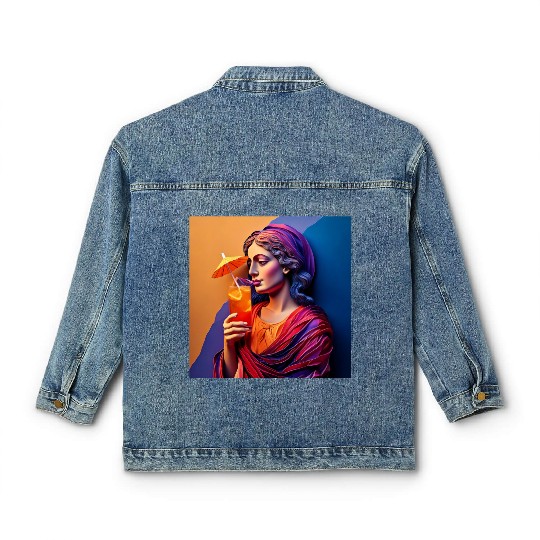 3D Artistic Lady with Tropical Drink in Vibrant Classic Women's Denim Jackets