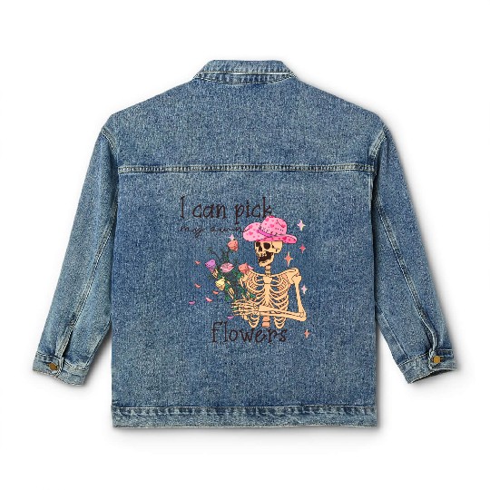 Funny Cowboy Skeleton with Flowers Classic Women's Denim Jackets