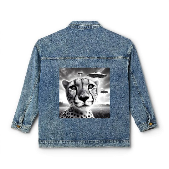 Cheetah Funny Graphic Selfie with UFOs Weird Alien Classic Women's Denim Jackets