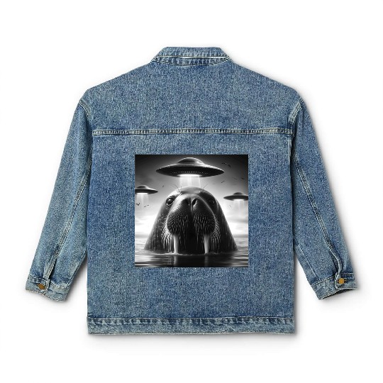 Walrus Sea lion Funny Graphic Selfie with UFOs Wei Classic Women's Denim Jackets