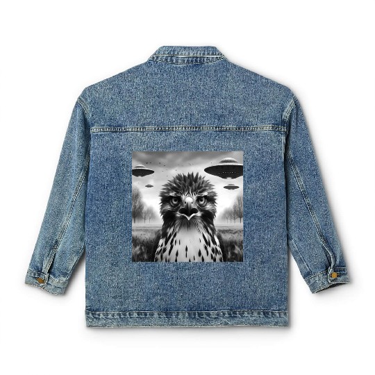 Hawk falcon Funny Graphic Selfie with UFOs Weird Classic Women's Denim Jackets