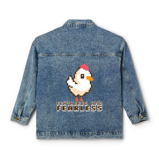 Feathered and Fearless: Bold 8-Bit Chicken Classic Women's Denim Jackets
