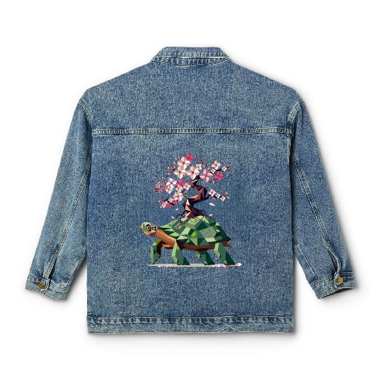 Turtle with blooming cherry blossom bonsai Classic Women's Denim Jackets