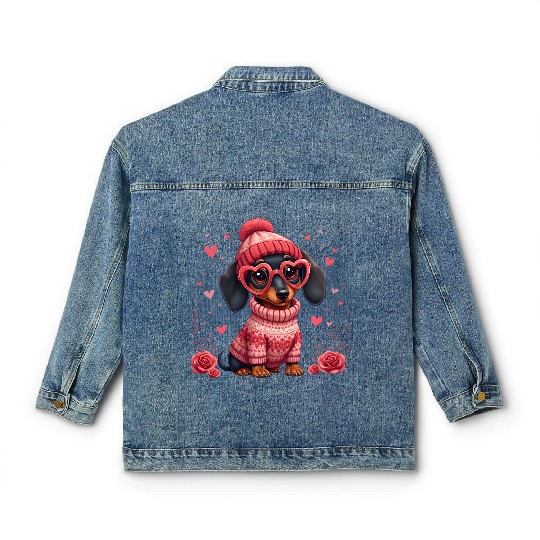 Cute Valentine Dachshund in Cozy Sweater Classic Women's Denim Jackets