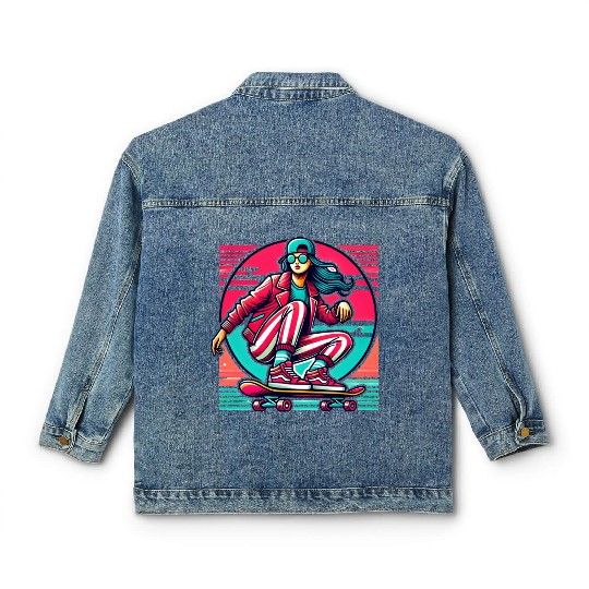 A cool girl Skateboarding with cool outfit Classic Women's Denim Jackets
