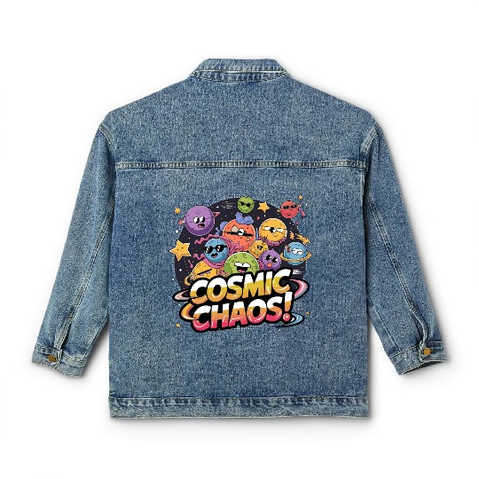 Chaotic Cartoonish Galaxy with Whimsical Character Classic Women's Denim Jackets