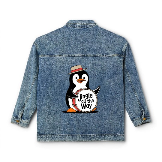 Jingle All The Way Penguin Drummer Fun Holiday Classic Women's Denim Jackets