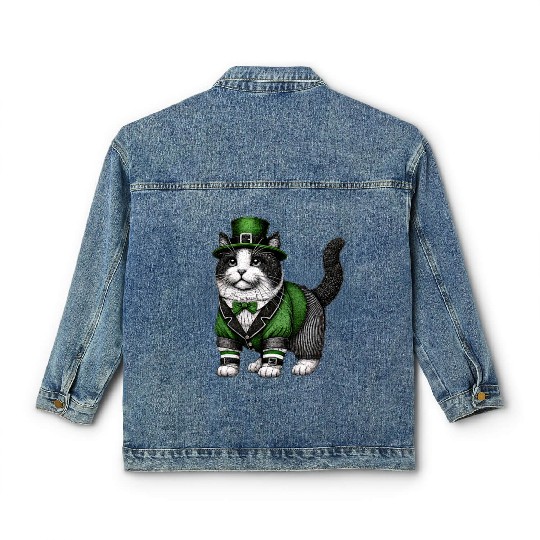 Lucky Cat in Green - St. Patrick’s Day Classic Women's Denim Jackets