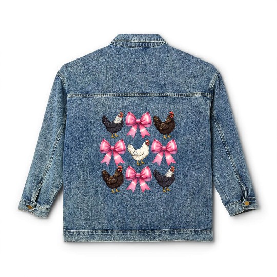Coquette Bow Chicken Farm Farmer Pink Mothers Day Classic Women's Denim Jackets