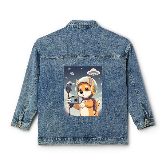 Funny Dog Rescue Anime Selfie with UFOs Weird Classic Women's Denim Jackets
