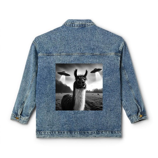 Llama alpaca Funny Graphic Selfie with UFOs Weird Classic Women's Denim Jackets
