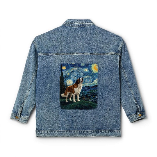 Saint Bernard Howling At Moon Starry Night Van Gog Classic Women's Denim Jackets