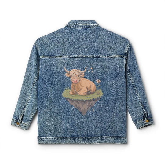 Whimsical Escapism: Highland Cow Dreamworld Classic Women's Denim Jackets