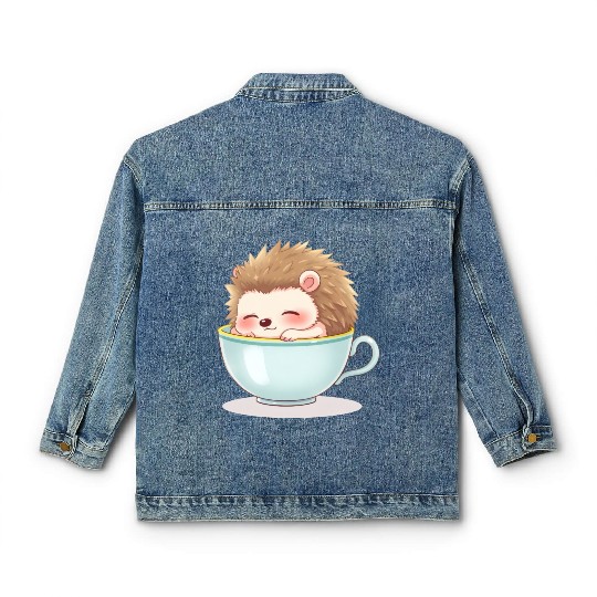 Cute hedgehog relaxing in a light blue cup Classic Women's Denim Jackets