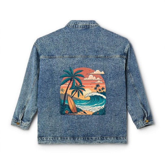 Tropical Paradise Sunset Surfing and Palm Trees Classic Women's Denim Jackets