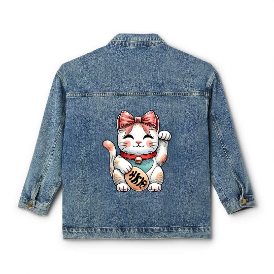 Coquette Bow Maneki Neko Japanese Cat Lucky Pink Classic Women's Denim Jackets