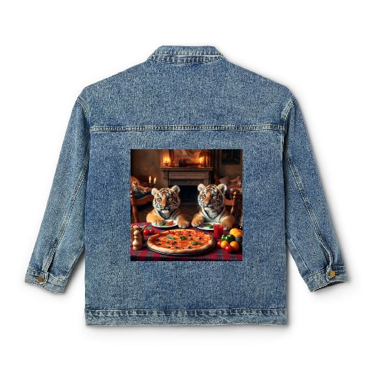 Tiger Cubs eating pizza Classic Women's Denim Jackets