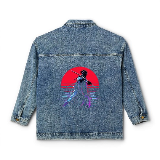 Cyberpunk Samurai Warrior Under Neon Moon Classic Women's Denim Jackets