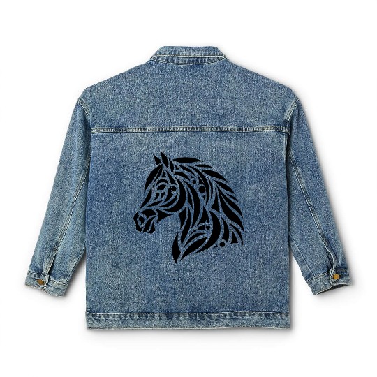 Tribal Horse Head Portrait Pony Tattoo Classic Women's Denim Jackets