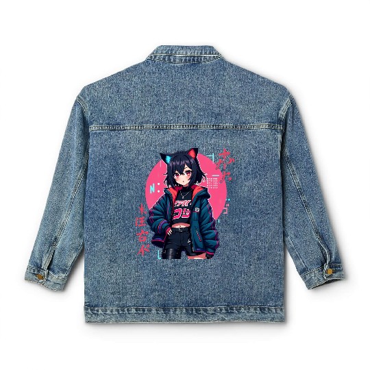 Cyberpunk Anime Girl with Cat Ears Neon Aesthetic Classic Women's Denim Jackets