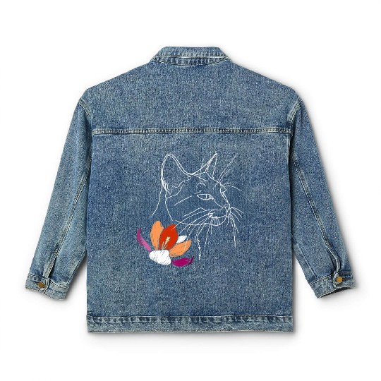 Lesbian Pride Cat with Floral Line Art LGBTQ Classic Women's Denim Jackets