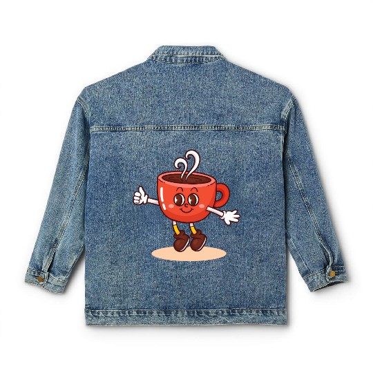 Whimsical Coffee Cup Character Classic Women's Denim Jackets