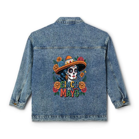 Cinco de Mayo Sugar Skull Girl Sombrero & Flowers Classic Women's Denim Jackets