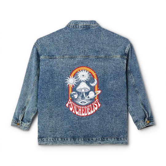 Psychedelic Mushrooms. Glowing Cosmic Design with Classic Women's Denim Jackets