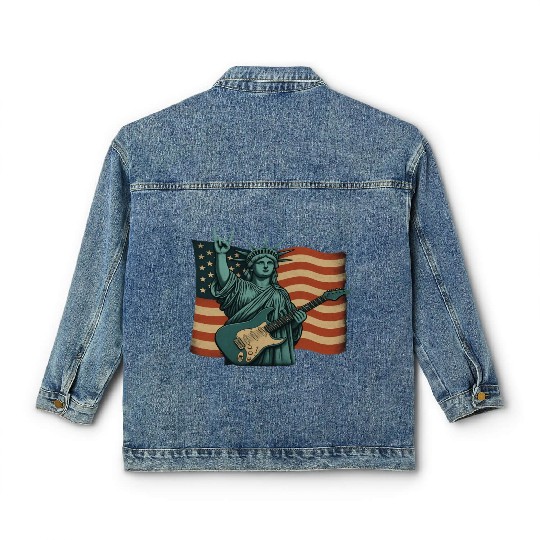 4th of July Statue Of Liberty Rock Guitar USA Flag Classic Women's Denim Jackets