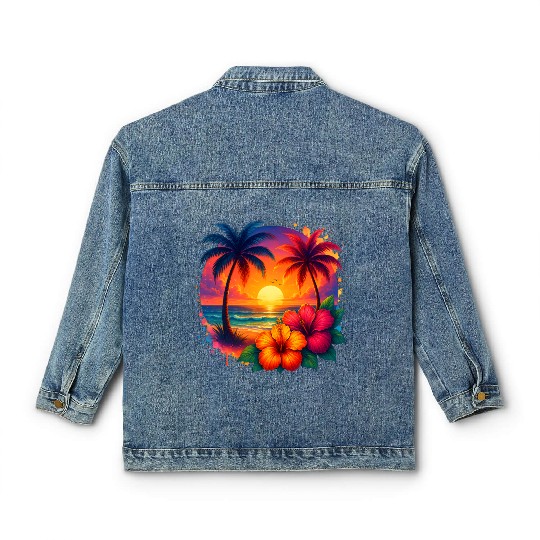 Tropical Sunset Palm Trees and Hibiscus Classic Women's Denim Jackets