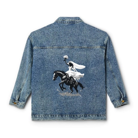 Western Cowgirl Bride on Bucking Horse – Grayscale Classic Women's Denim Jackets