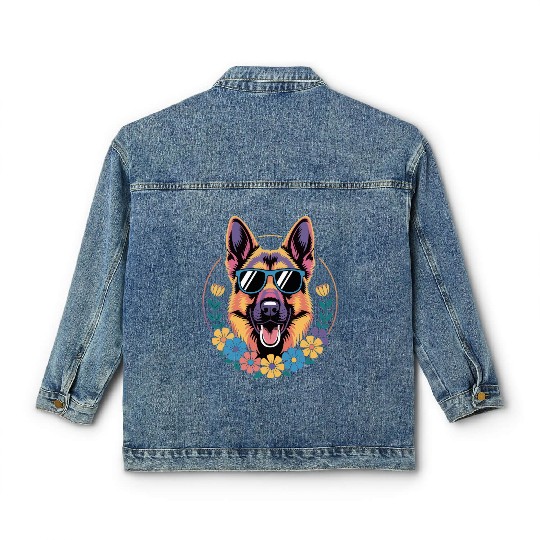 Trendy German Shepherd in Floral Style Classic Women's Denim Jackets