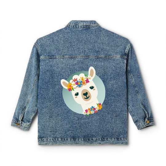 Floral Alpaca with Wreath – Cheerful Summer Motif Classic Women's Denim Jackets