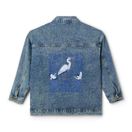 Great Blue Heron Folk Art Classic Women's Denim Jackets