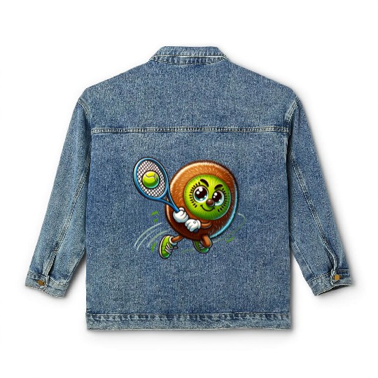 Kiwi Tennis Star – Furry Fruit Champion on Court Classic Women's Denim Jackets