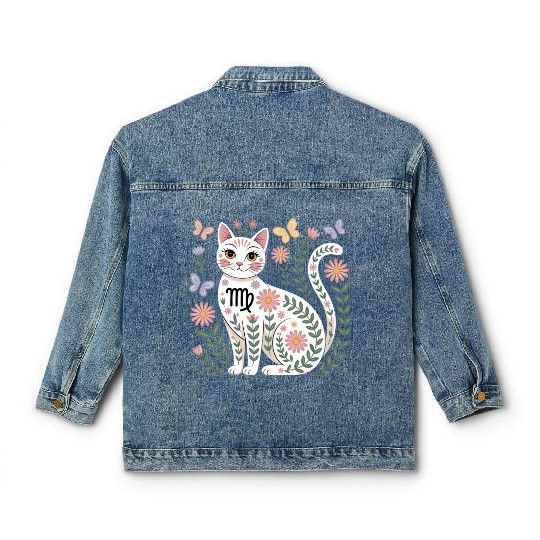 Virgo Zodiac Cat with Daisies Classic Women's Denim Jackets
