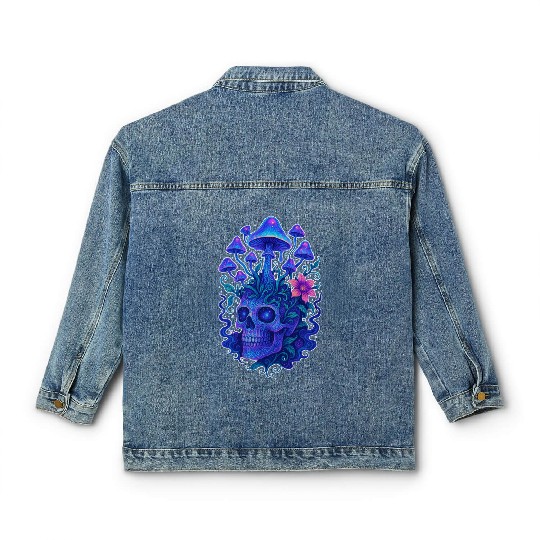 Fungi Mind - Trippy Skull Bloom Classic Women's Denim Jackets