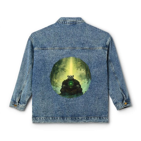 Meditating Panda Monk in a Glowing Bamboo Grove Classic Women's Denim Jackets