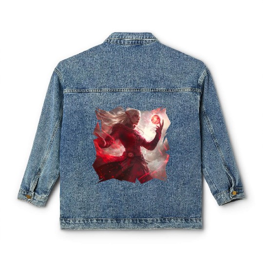 Mystical Fire Elf Holding Glowing Spell Orb Art Classic Women's Denim Jackets