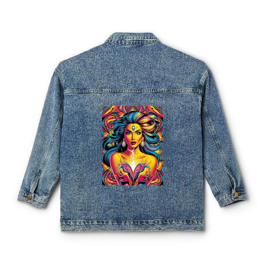 Vibrant Psychedelic Goddess Illustration Classic Women's Denim Jackets
