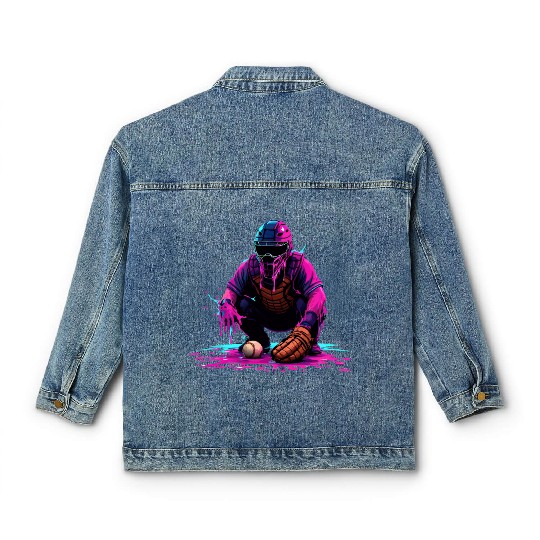 Neon Baseball Catcher Art Cool Vaporwave Sports Classic Women's Denim Jackets