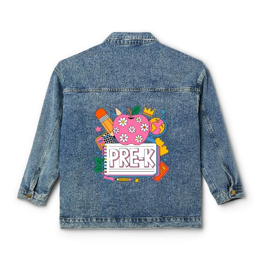 Pre K Teacher Back To School Apple Notebook Classic Women's Denim Jackets