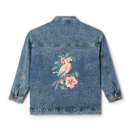Tropical Parrot and Hibiscus Flowers Classic Women's Denim Jackets