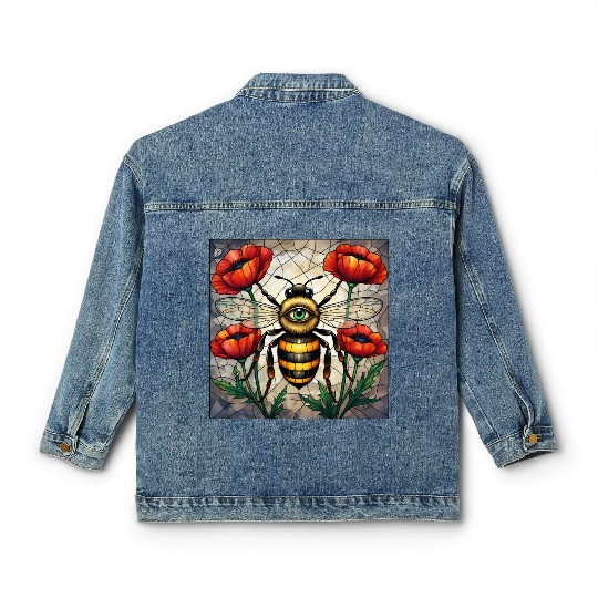 Bumble bee stained glass vibrant poppy flower eye Classic Women's Denim Jackets